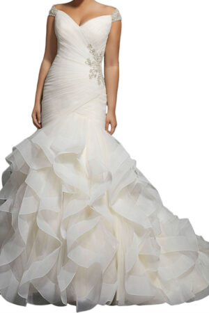 Beaded Cap Sleeves Pleats Mermaid Wedding Dresses