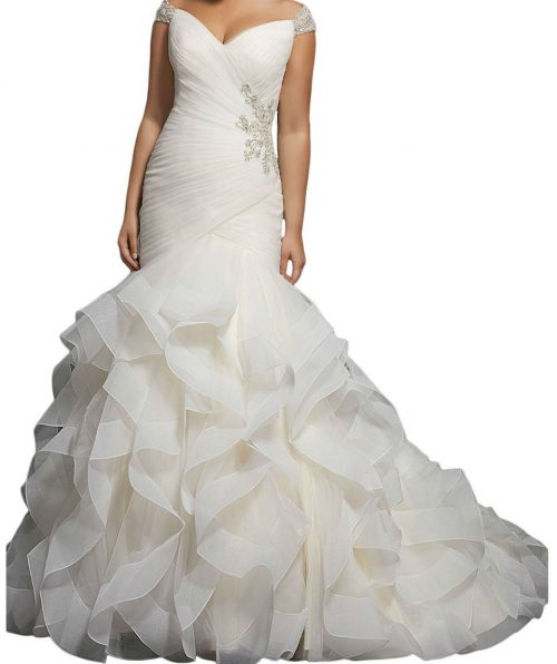 Beaded Cap Sleeves Pleats Mermaid Wedding Dresses