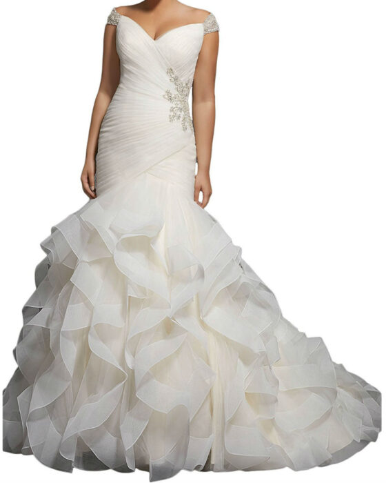 Beaded Cap Sleeves Pleats Mermaid Wedding Dresses