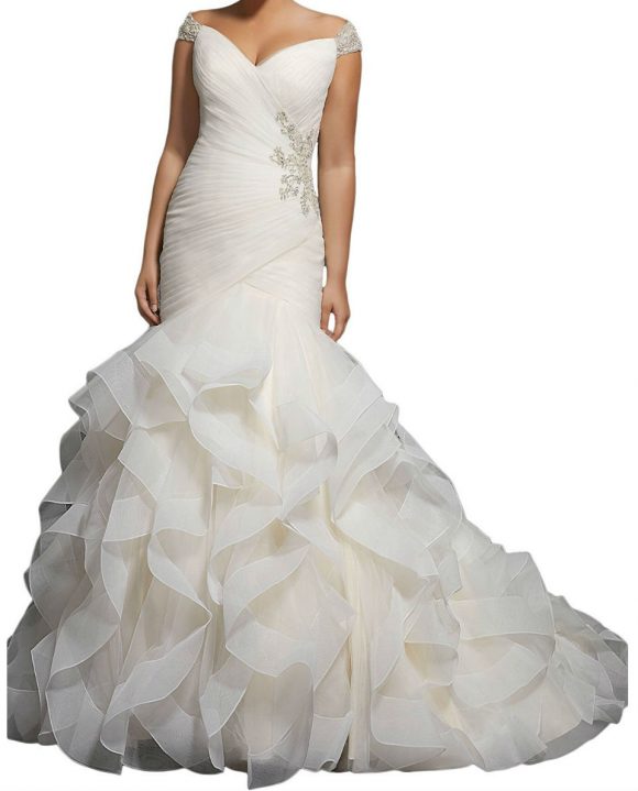 Beaded Cap Sleeves Pleats Mermaid Wedding Dresses