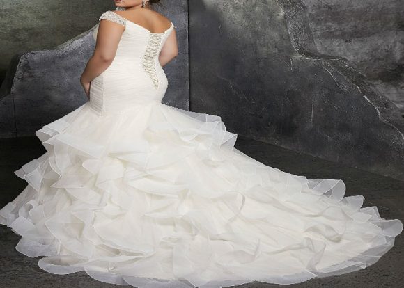 Womens Beaded Cap Sleeves Pleats Mermaid Wedding Dresses back