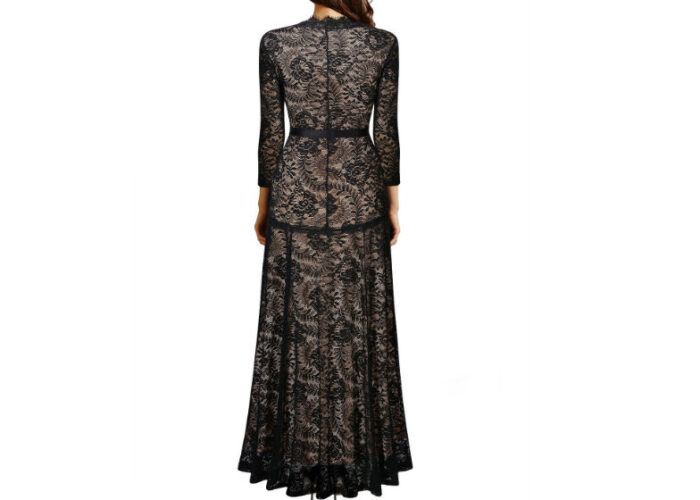 Elegant Long Dress Lace Cocktail Long Vintage Woman Evening Dress Black Back