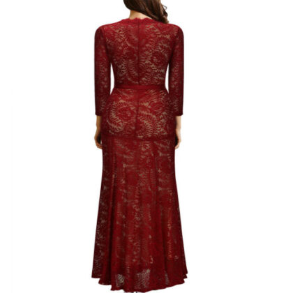 Elegant Long Dress Lace Cocktail Long Vintage Woman Evening Dress red back